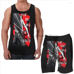 Men's Tracksuits Summer Funny Print Men Tank Tops Women Your Sins Will Be Judged Again Beach Shorts Sets Fitness Vest