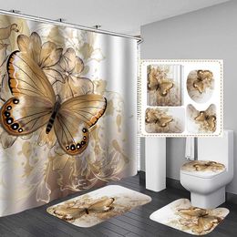 Shower Curtains Butterfly Bath Polyester Waterproof Bathroom Carpet Rugs Set Nonslip KitchenBath Mat 230510