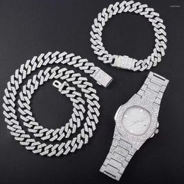 Necklace Earrings Set Design Hip Hop Silver Color Miami Cuban Link Chain Bracelet Watch Combo Sets Street Accessories Jewelry Box Clasp