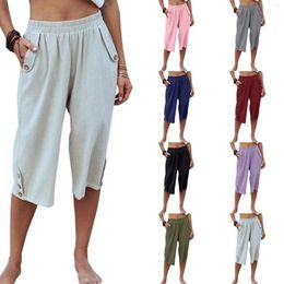 Women's Pants Women Solid Colour Elastic Waist Pockets Capri Cropped Trousers Loose Wide Leg Shorts Female Short Summer Sweatpants