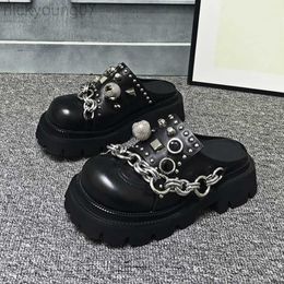 Slippers Summer Women Mules 5cm Platform Leather Slippers Punk Hip-Hop Metal Decorative Chains Slippers Female Thick Bottom Black Slides Y23