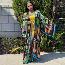 Ethnic Clothing One Piece Imitation Silk Printing Sexy Cardigan Abaya Loose Coat African Dresses For Women Japanese Kimono Smooth Bathing