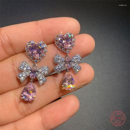Stud Earrings Delicate Female Water Earring 925 Sterling Silver Bowknot Heart-shaped Pink/blue Zircon For Women Xmas Gift Bijoux