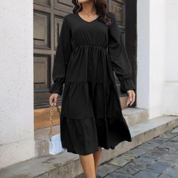 Casual Dresses In Square Neck Long Sleeves High Waist Woman's Evening Dress Tiered Ruffles Plain Satin Maxi Vestidos