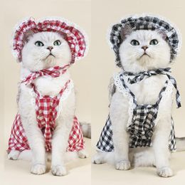 Cat Costumes Summer Small Pet Clothing Than Bear Plaid Dress Set With Hat Thin Model Breathable Birthday Suit Party