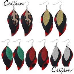 Charm Fashion Designer Leaf Pu Leather Earrings For Women Leopard Print Grid Mtilayer Dangle Drop Party Jewellery Deliv Dhgarden Dhzxp