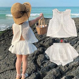 Clothing Sets Girls Outfit Set 2022 Summer Hollow Lace Suit Baby Casual Sleeveless T-shirt+Shorts Kids Clothes Y23