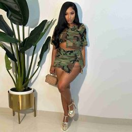 Two Piece Dress Fashion Sexy Streetwear Camouflage Two Piece Set Women 2023 Summer Casual Short Sleeved Top Mini Cargo Skirt Outfit T230510