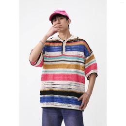 Men's Polos 2023 Men Casual Knitted Polo Shirt Colourful Stripes Hollow Pullover Short-sleeve Men's Fashion Button Slim Fit Tees Shirts
