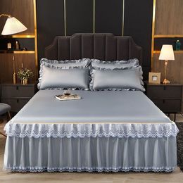 Bed Skirt WOSTAR Luxury lace bed skirt summer bedspread solid satin rayon bed linen couple bedding single double queen king size bed sheet 230510