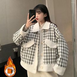 Women's Jackets Houndstooth Thick Warm Coat Women's Autumn Winter Loose Long-sleeve Retro Short Lamb Jacket Korean Style Casual Wild