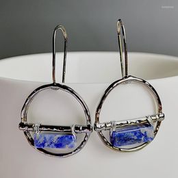 Dangle Earrings Fashion Retro Plated 925 Large Square Copper Wire Covered Silver Natural Stone