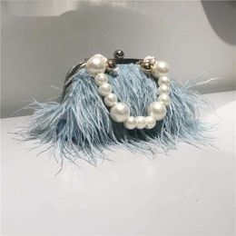 Evening Bags Womens Luxury Party Clutch 2023 Fashion Female Wallet Retro Shoulder Bag New Ostrich Feathers Pearl Chain Crossbody 230427