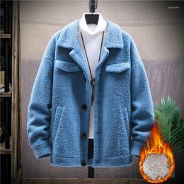 Men's Jackets Wool Lamb Mens Casual Short Loose Plus Velvet Thickening Pockets Turn-Down Collar Single Breasted Fashion Autumn Coat