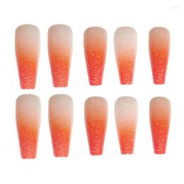 False Nails 24pcs Long Coffin Ballerina Orange Gradient Colour Glitter French Full Cover Fake Nail Art Tips Manicure DIY