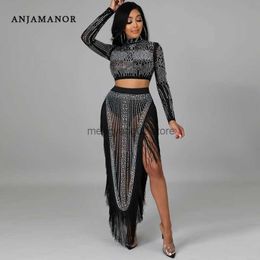 Two Piece Dress Sexy Black Mesh Two Piece Dress for Women Evening Party Crystal Tassel Long Skirt with Slit Matching Sets D42-HI70 T230510