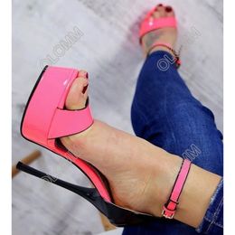 Olomm Handmade Women Summer Platform Sandals Patent Stiletto Heel Open Toe Gorgeous Fuchsia Yellow Green Club Shoes Size 47 52