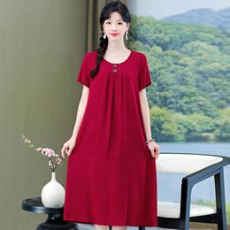 Casual Dresses Summer Elegant Red For Women 2023 Short Sleeve Vintage Dress Korean Style Middle Age Woman Clothing