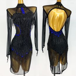 Stage Wear 2023 Sexy Latin Dance Dress Women Mesh Long Sleeves Tube Fringe Competition Clothes Samba Cha-Cha Performance BL6588