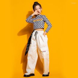 Stage Wear Kids Teen Hip Hop Dancing Clothing Chequered Sweatshirt Crop Tops White Baggy Pants For Girls Boys Jazz Dance Costumes Clothes