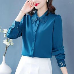 Women's Blouses Fall Spring Office Lady Fashion Womens Clothes Embroidery Beige Blue Red Imitation Silk Top Blouse Woman 3xl