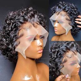 Hair Wigs Short Pixie Cut Curly Human Wig Brazilian Curl 13x1 Transparent Lace Frontal Tthair 230510