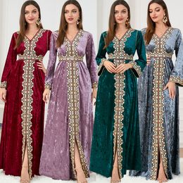 QNPQYX New Velvet Muslim Dress Women Abaya Embroidery Morocco Party Dress Winter Thicken Split Abayas Kaftan Islam Turkey Arabic Long Robe