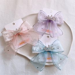Hair Accessories 2023 Fashion Sweet Girl Princess Cute Crown Clip Korean Children's Lace Yarn Bow Hairpins Headwear