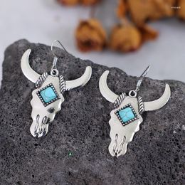 Dangle Earrings Westerly Wind Cowhead Vintage Ethnic Silver Colour Metal Carving Inlaid Square Blue Stone