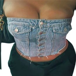 Women's Tanks Camis Women Grunge Y2K Denim Crop Top Vest Chic Backless Off Shoulder Strapless Corset Tube Sexy Button Up Jeans Camisole 90S 230510