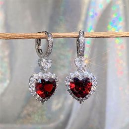 Dangle Earrings Luxury Temperament CZ Stone Ruby Heart Necklace Jewellery Set For Women Wedding Anniversary Christmas Gift