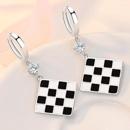 Stud Earrings Fashion Female 925 Sterling Silver Black And White Checkerboard Glue Dropping For Women Jewellery Girl Gift