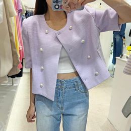 Women's Jackets 2023 Korean Fashion Small Fragrant Women Purple Tweed Jacket Coat Vintage Lady Short Sleeve Elegant Pearl Button Casual