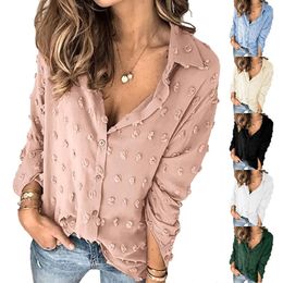 Women's Polos Womens Lapel Fluff Polka Dot Single Breasted Top Shirt Spring Fashion Solid Color Long Sleeve Bottoming Cardigan TopsWomen's W