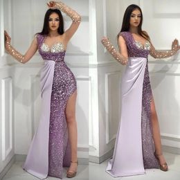 Shining Mermaid Prom Dresses Art Deco Inspired Neck One Shoulder Sequined Side Split Floor Length Custom Made Plus Size Party Dress Vestido De Noite