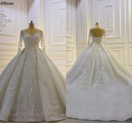 Dubai Arabic Sequined Lace Muslim Ball Gown Wedding Dresses With Long Sleeves Church Formal Vestidos De Festa Sheer Neck Chapel Train Bridal Gowns Plus Size CL2253