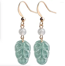 Dangle Earrings Natural Emerald Blue Water Jadeite Leaf S925 Silver Plated 14K Gold Jade Fashion Women's Jewellery Drop