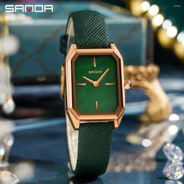 Wristwatches SANDA Luxury Ladies Quartz Watch Small Green Plate Elegant Watches Fashion Vintage Leather Strap Rectangular Women