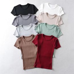 Women's T Shirts Cacocala 2023 Summer Women Elastic Thread Solid Color T-shirt Basic Short Sleeve Round Neck Long Female Top Woman Tee