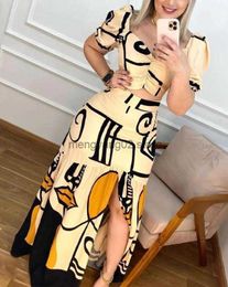 Two Piece Dress Two Piece Sets Women Outifits 2023 Fashion Abstract Figure Print Puff Sleeve Short Sleeve Crop Top Casual Slit Daily Skirt Set T230510