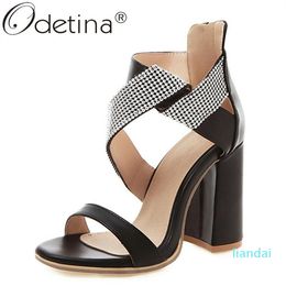 Dress Shoes Odetina Women Fashion Block Thick High Heel Sandals Ladies Vintage Round Toe Non-slip Back Zipper Crystal Casual