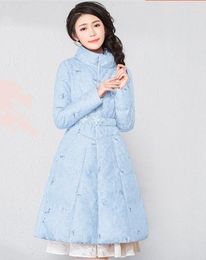 Women's Trench Coats 2023 Winter Warm Coat Woman 3D Floral Embroidery Long Feather Down Padded Girls Ladies Sweet Overcoats S-3XL