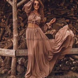 Two Piece Dress Slit Ruffle Skirt Crop Top Suit Sexy Off Shoulder Long Skirts Set Women Elegant Solid Two Piece Set Autumn Long Sleeve Outfits T230510