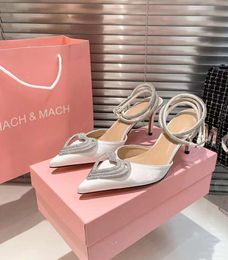 23S Designer Elegance New Pointed Mach Heart Sandals Comfortable Versatile Two Diamonds Choose Black and White Triple Heart Satin Ankle-Strap Pumps Original Box
