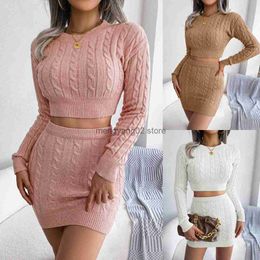 Two Piece Dress Autumn Winter Leisure Fried Dough Twist Navel Sweater Buttock Skirt Knitted Suits Women's Simple And Casual Sweater Suit Skirts T230510
