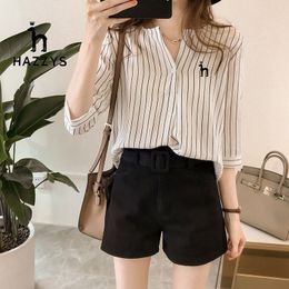Women's TShirt Embroidery HAZZYS Summer Korean Fashion Large Round Neck Striped 34 Sleeve Top Loose Casual Women 230510