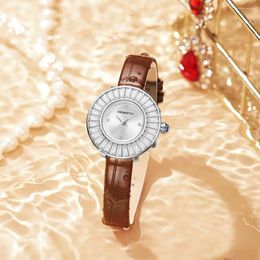 Wristwatches Genuine Leather Lady Quartz Watch Luxury With Jewellery Diamond Watches Women For Fashion Charm Stainless Steel Minimalist