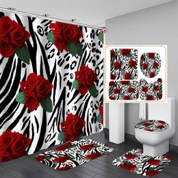Shower Curtains Red Rose Flowers Bathroom Curtain Set Waterproof Polyester Washable NonSlip Bath Mat Rugs Carpet Toilet Cover Decor 230510