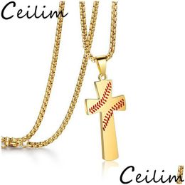 Pendant Necklaces Fashion Cross Pendants Sporting Baseball Golden Color Christ Jesus Stainless Steel Necklace Religious Jewe Dhgarden Dhwzi