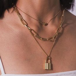 Chains HuaTang INS Fashion Lock Pendant Neckalce For Women Punk Thick Chain Heart Multi-layer Geoemtry Adjustable Jewelry Collar A204